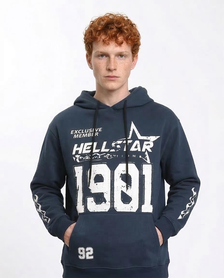 Person wearing a navy blue hoodie with 'Hellstar' and '1901' text on a white background