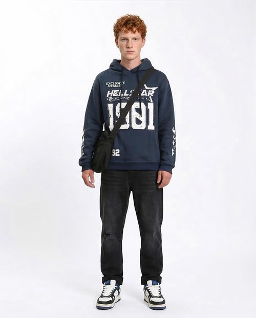 Ravin Men’s Distressed Graphic Hoodie - Navy Blue "HELLSTAR 1981" Streetwear - R212192