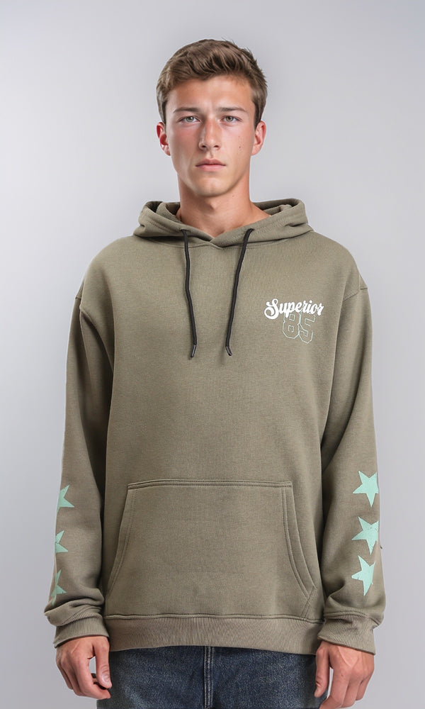 R212194 - Hooded Neck with Drawstring Printed Hoodie - Dark Olive