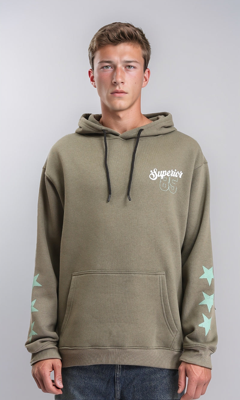 R212194 - Hooded Neck with Drawstring Printed Hoodie - Dark Olive