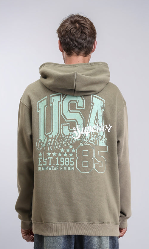 R212194 - Hooded Neck with Drawstring Printed Hoodie - Dark Olive