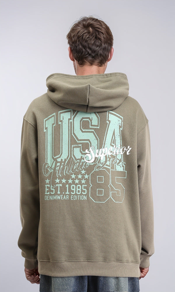 R212194 - Hooded Neck with Drawstring Printed Hoodie - Dark Olive