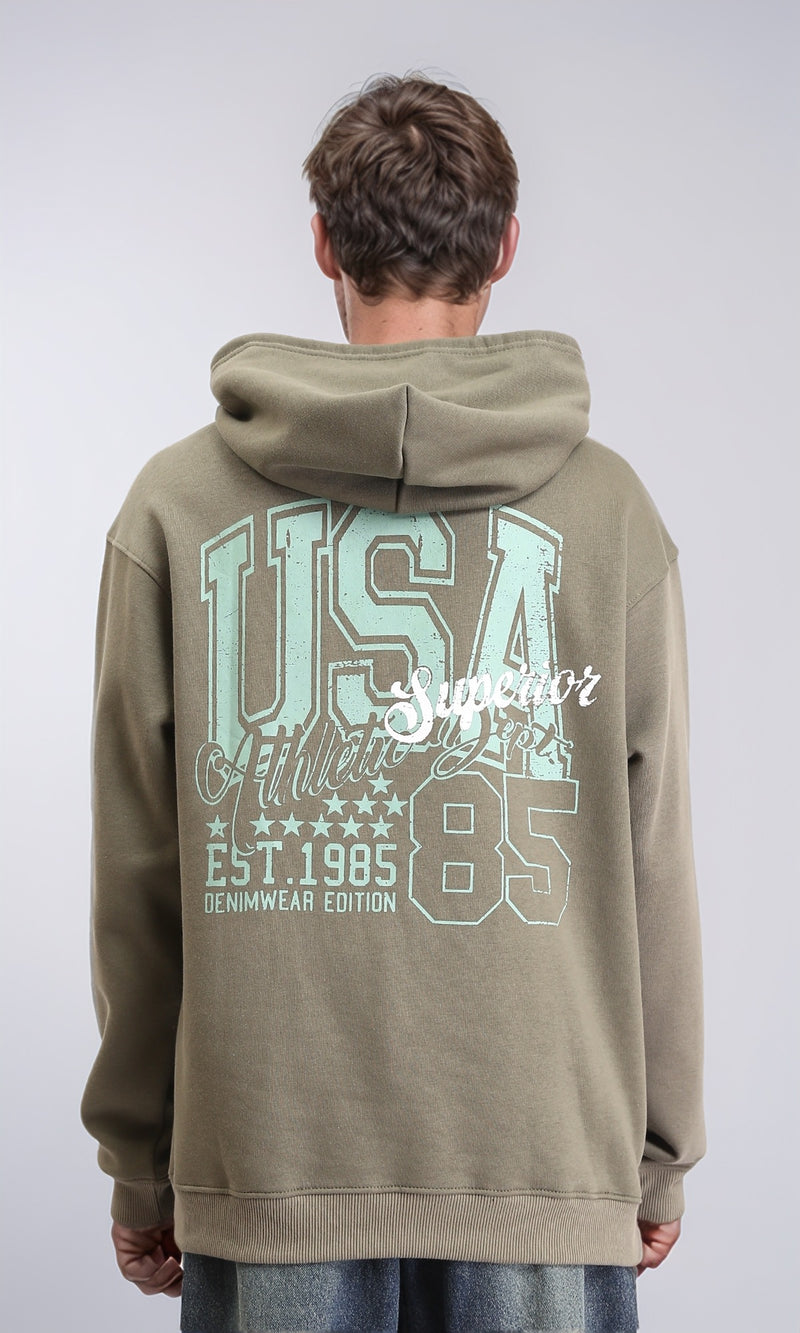 R212194 - Hooded Neck with Drawstring Printed Hoodie - Dark Olive