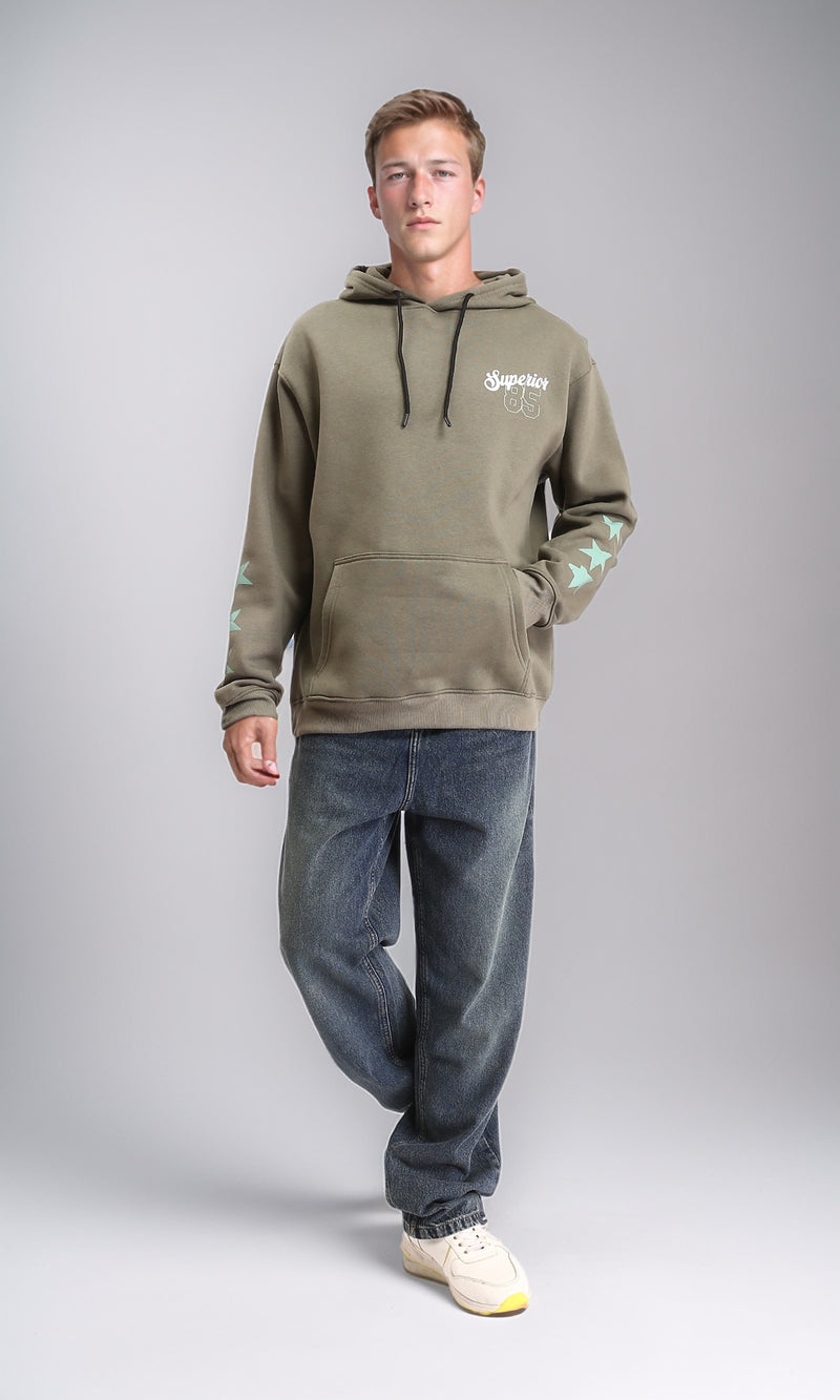 R212194 - Hooded Neck with Drawstring Printed Hoodie - Dark Olive