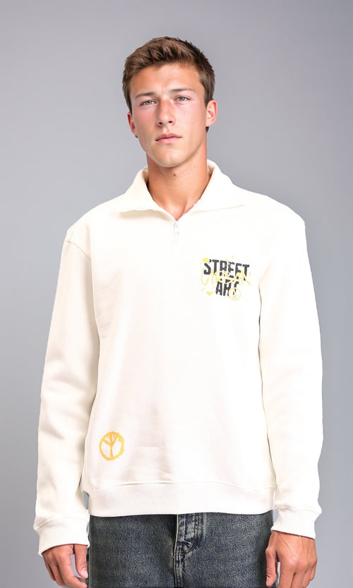 R212195 - Printed Long Sleeves Zipped Sweater - Off-White