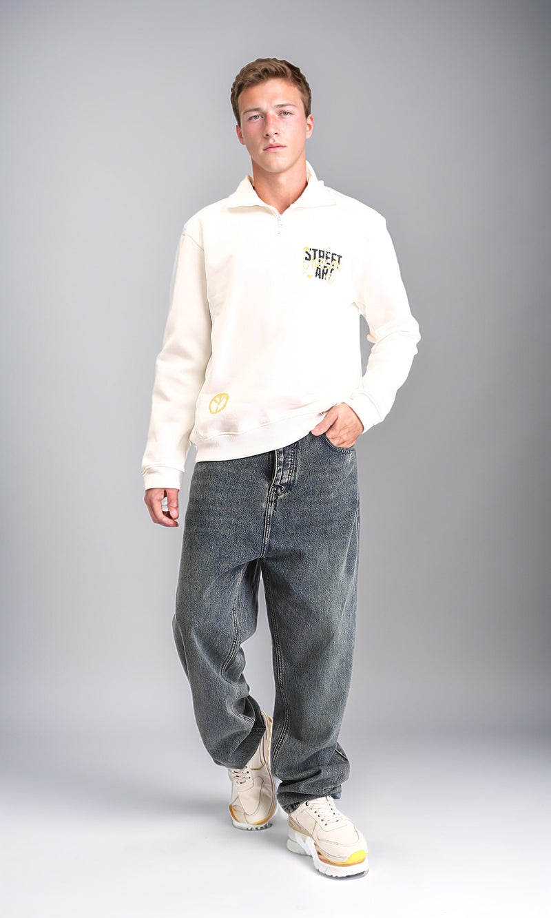 R212195 - Printed Long Sleeves Zipped Sweater - Off-White