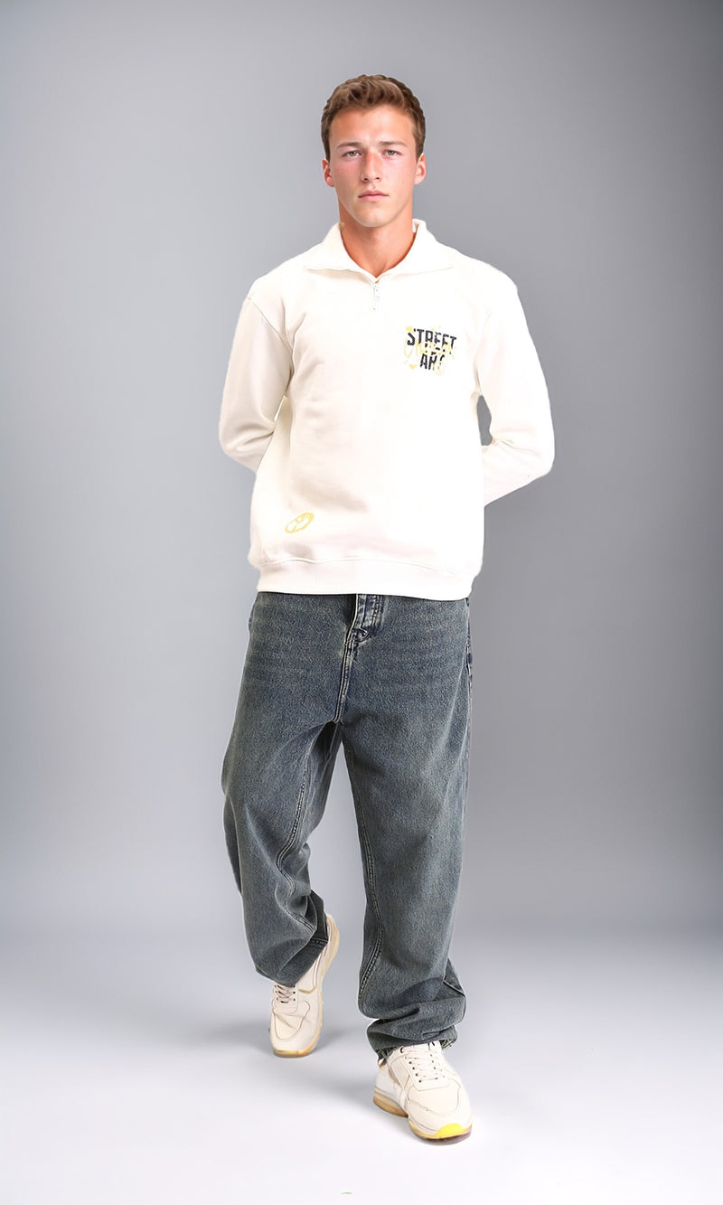 R212195 - Printed Long Sleeves Zipped Sweater - Off-White