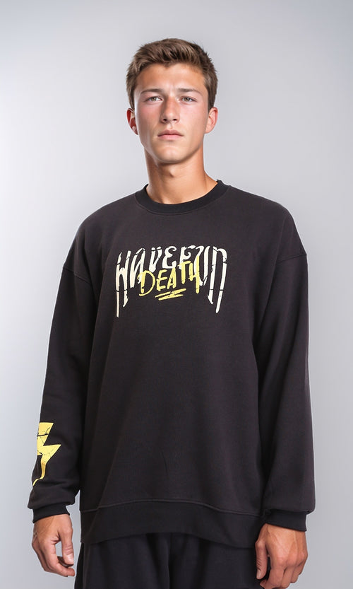R212197 - Printed Round Neck Sweatshirt with Hem - Black