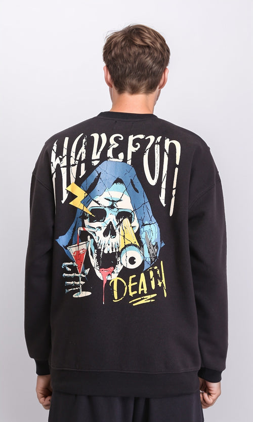 R212197 - Printed Round Neck Sweatshirt with Hem - Black