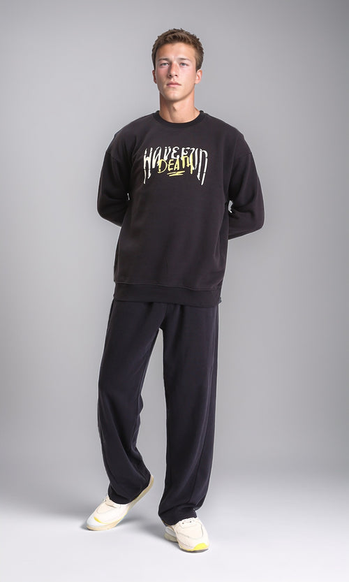 R212197 - Printed Round Neck Sweatshirt with Hem - Black