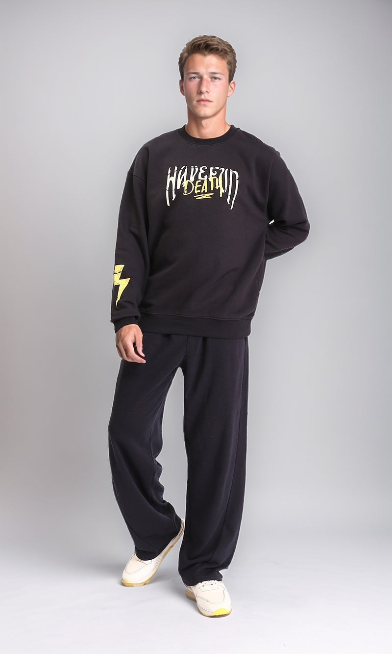 R212197 - Printed Round Neck Sweatshirt with Hem - Black