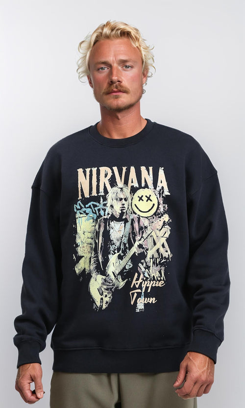 R212198 - "Nirvana" Print Round Neck Sweatshirt - Black