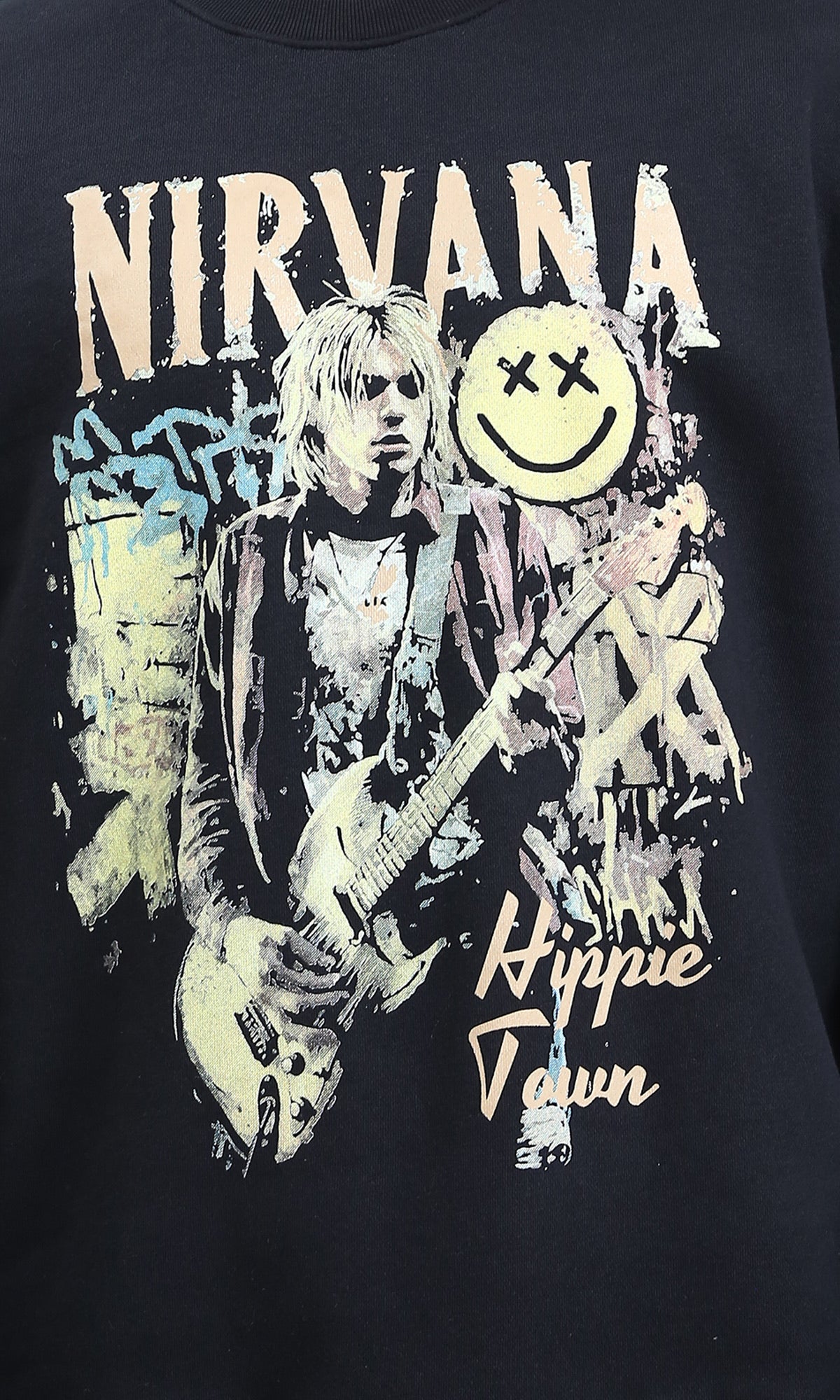 R212198 - "Nirvana" Print Round Neck Sweatshirt - Black