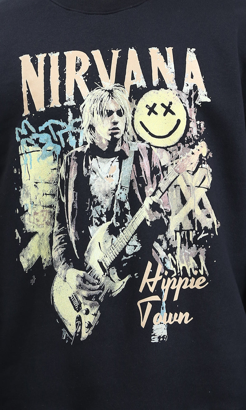 R212198 - "Nirvana" Print Round Neck Sweatshirt - Black