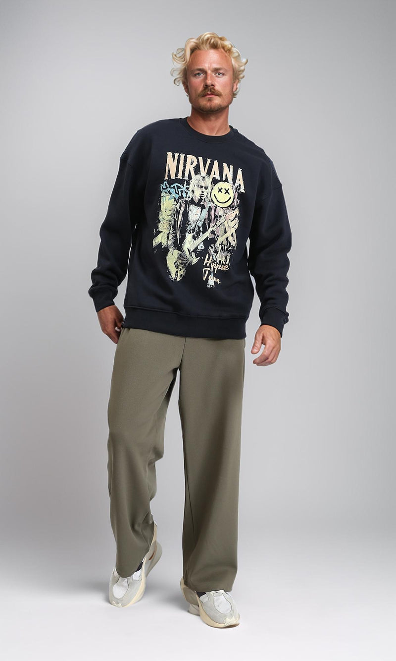 R212198 - "Nirvana" Print Round Neck Sweatshirt - Black