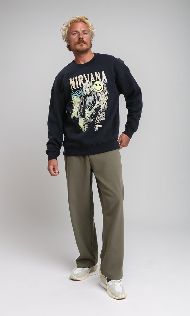 R212198 - "Nirvana" Print Round Neck Sweatshirt - Black