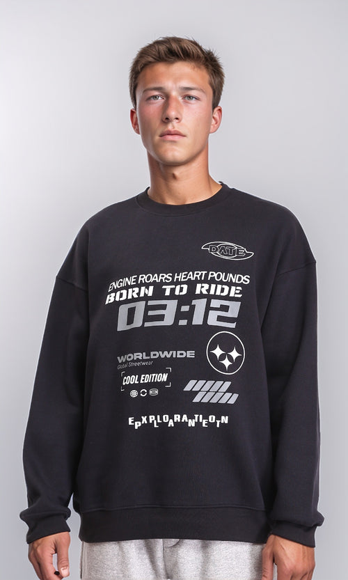 R212199 - Slip On Round Neck Printed Sweatshirt - Black