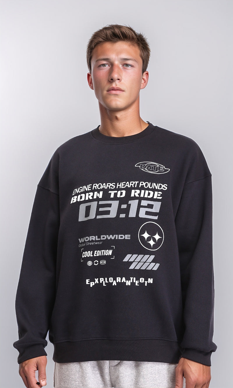 R212199 - Slip On Round Neck Printed Sweatshirt - Black