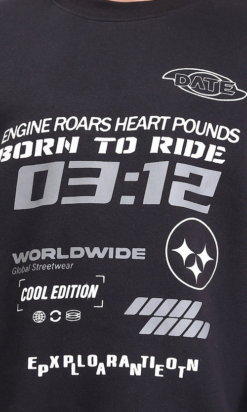 R212199 - Slip On Round Neck Printed Sweatshirt - Black