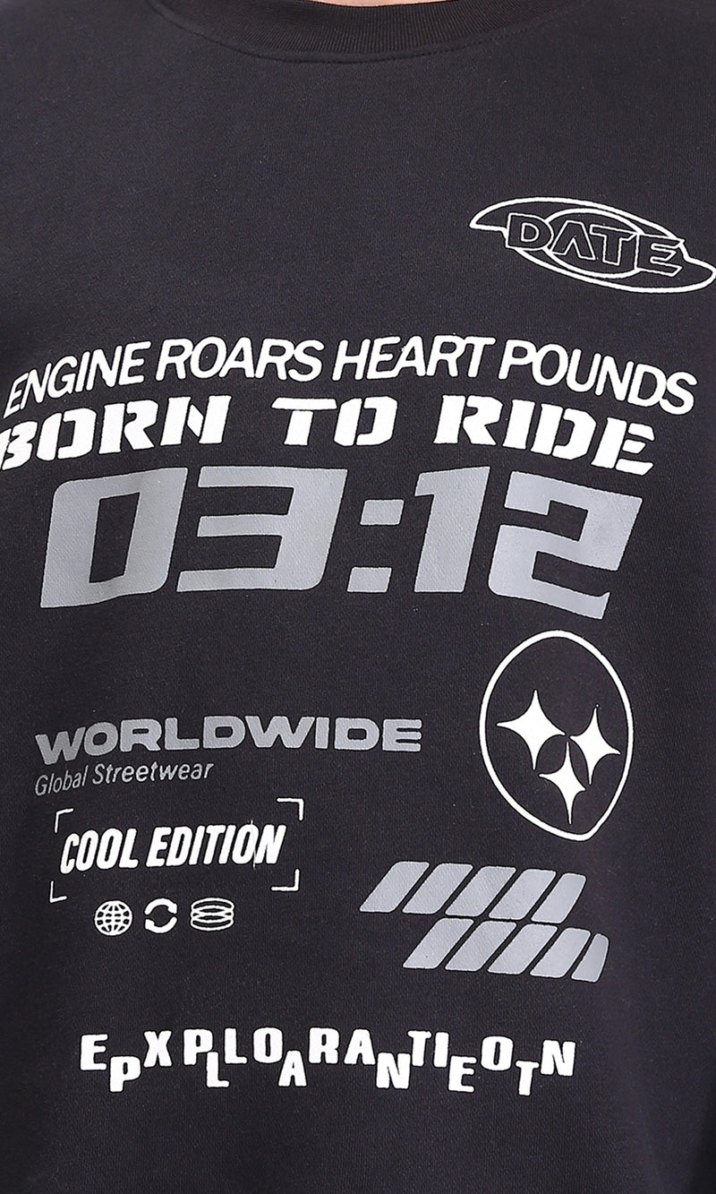 R212199 - Slip On Round Neck Printed Sweatshirt - Black