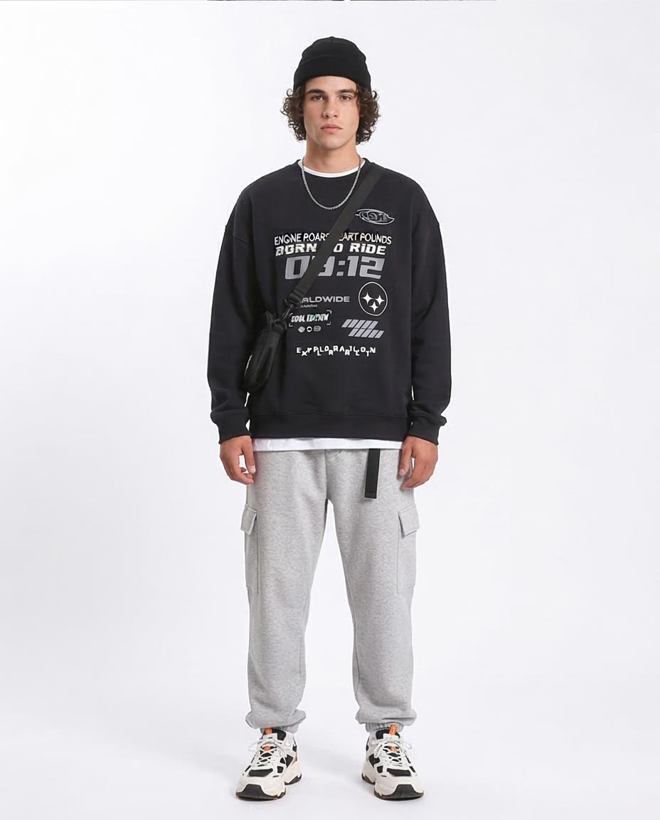 Ravin | "Born to Ride" Oversized Graphic Streetwear Sweatshirt - Black - R212199