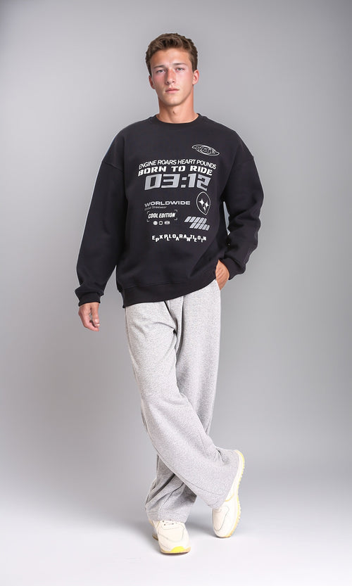 R212199 - Slip On Round Neck Printed Sweatshirt - Black