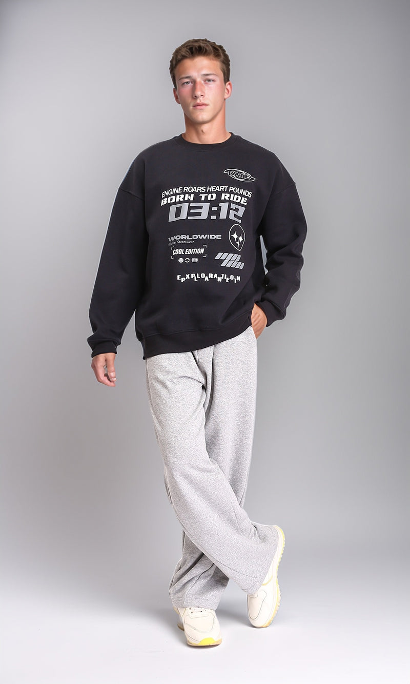 R212199 - Slip On Round Neck Printed Sweatshirt - Black