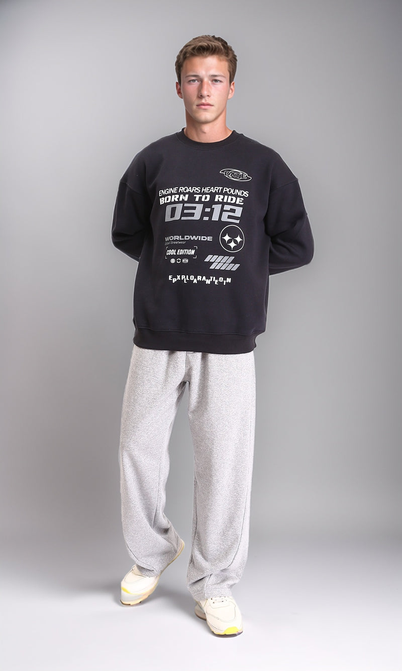 R212199 - Slip On Round Neck Printed Sweatshirt - Black