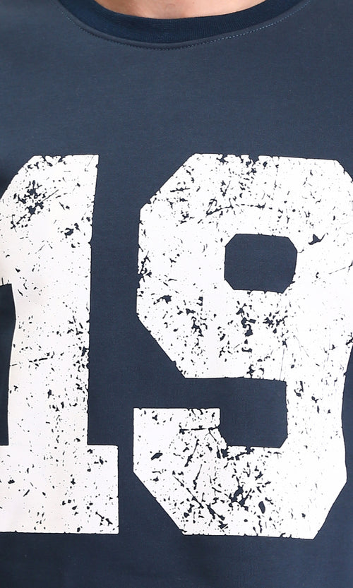 R212200 - "19" Printed Round Neck Casual Sweatshirt - Dark Navy Blue
