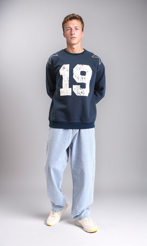 R212200 - "19" Printed Round Neck Casual Sweatshirt - Dark Navy Blue