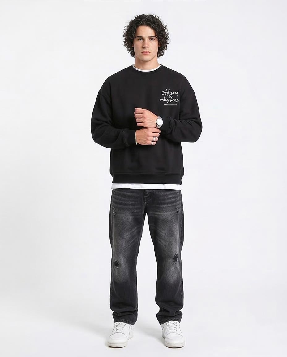 Ravin | Men’s "All Good Vibes" Oversized Graphic Sweatshirt - Black - R212205