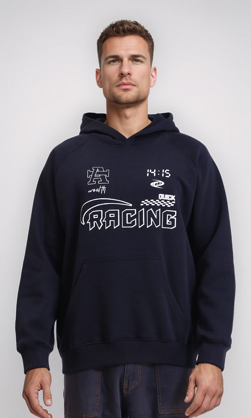 R212207 - Front Print "Racing" Casual Hoodie - Black