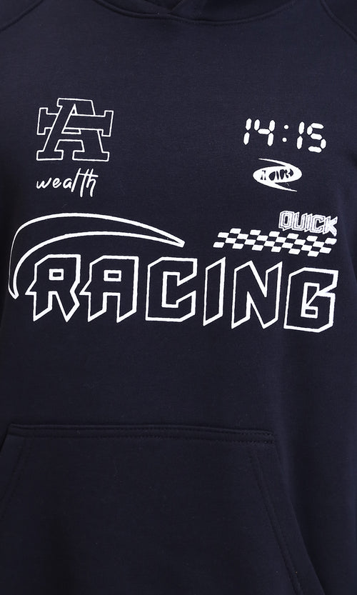 R212207 - Front Print "Racing" Casual Hoodie - Black