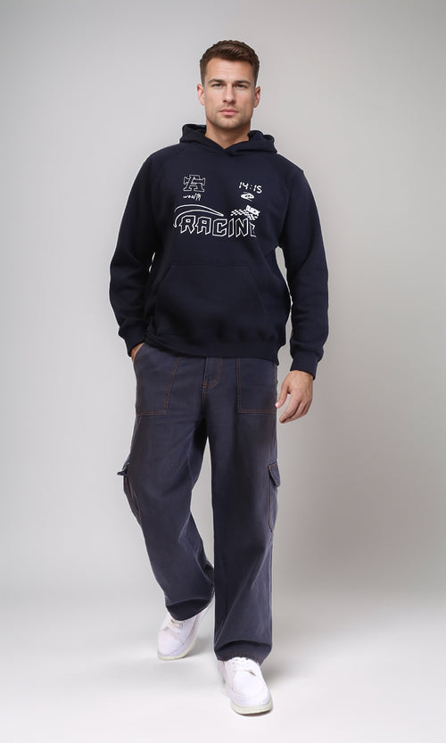 R212207 - Front Print "Racing" Casual Hoodie - Black