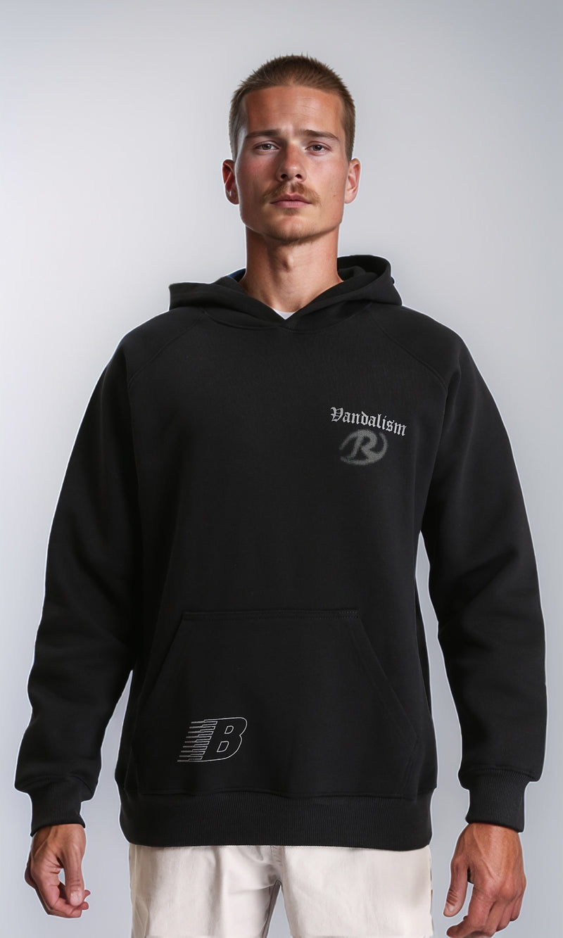 R212209 - Slip On Printed Hoodie with Pocket - Black