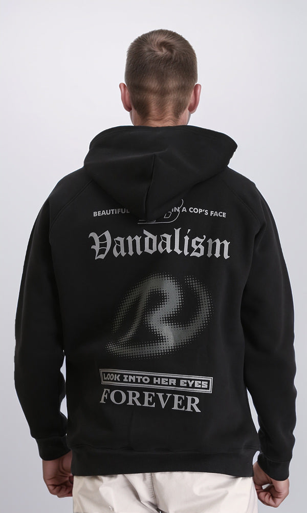 R212209 - Slip On Printed Hoodie with Pocket - Black