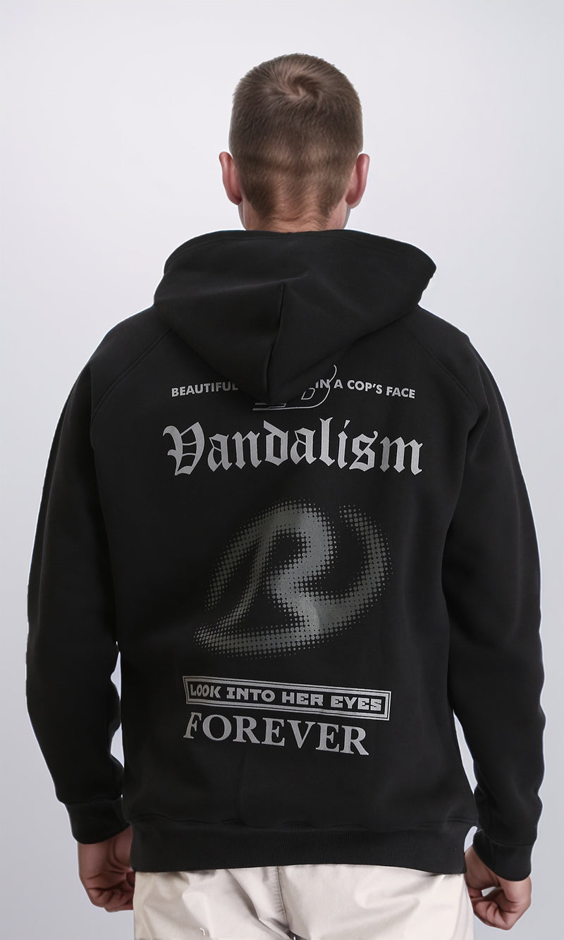 R212209 - Slip On Printed Hoodie with Pocket - Black