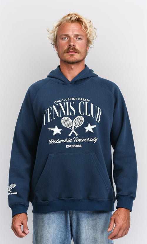 R212210 - Printed "Tennis Club" Casual Hoodie - Dark Teal