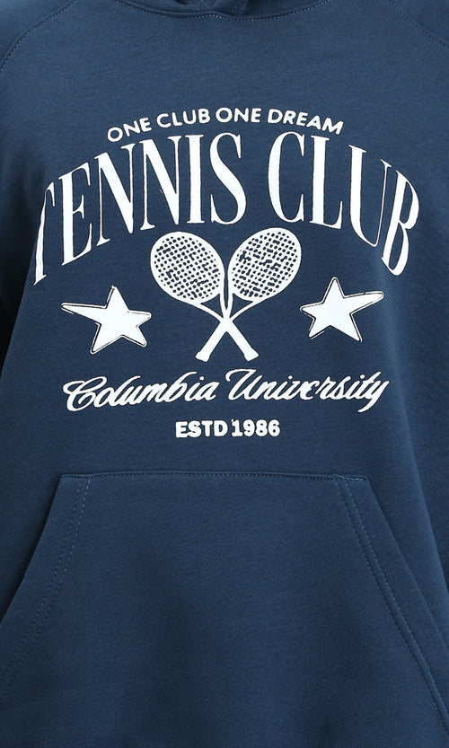 R212210 - Printed "Tennis Club" Casual Hoodie - Dark Teal