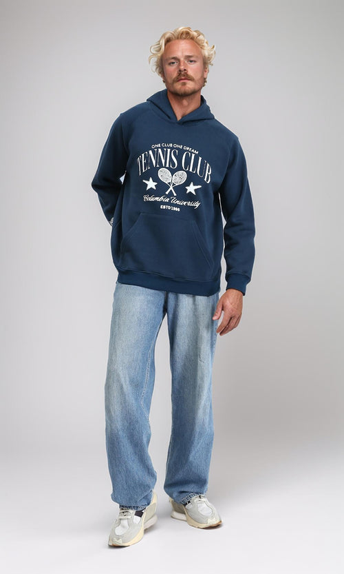 R212210 - Printed "Tennis Club" Casual Hoodie - Dark Teal