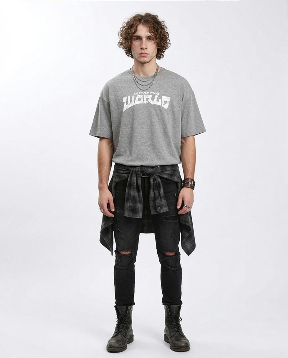 Ravin Men’s Oversized "Out Of This World" Distressed Graphic T-Shirt – Heather Grey - R212291