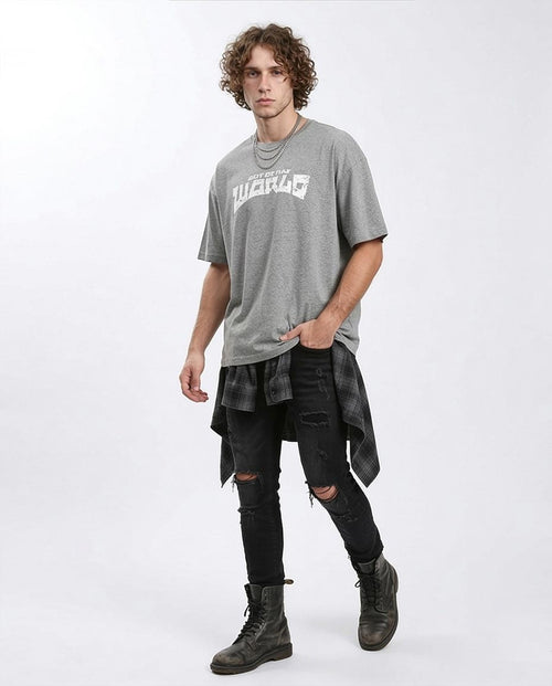 Ravin Men’s Oversized "Out Of This World" Distressed Graphic T-Shirt – Heather Grey - R212291