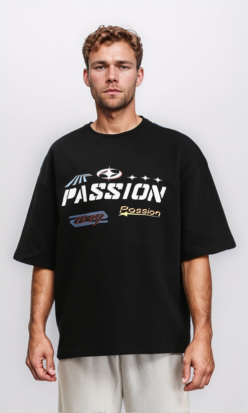R212293 - Relaxed Printed "Passion" Slip On Tee - Black