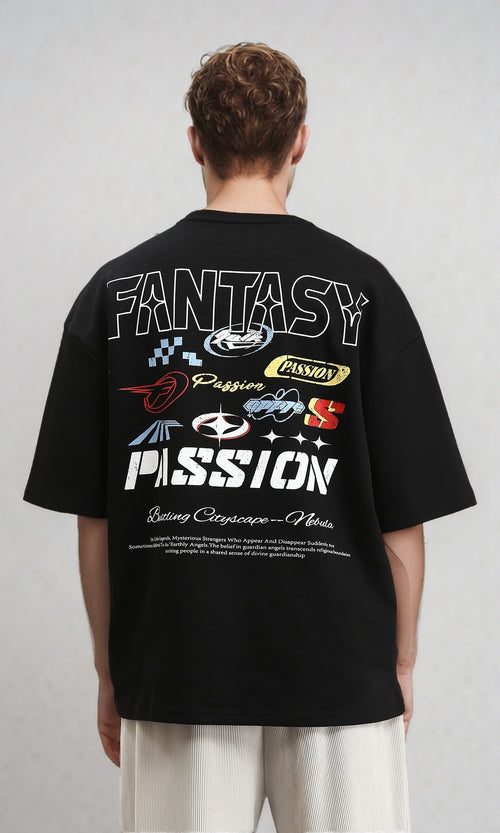 R212293 - Relaxed Printed "Passion" Slip On Tee - Black