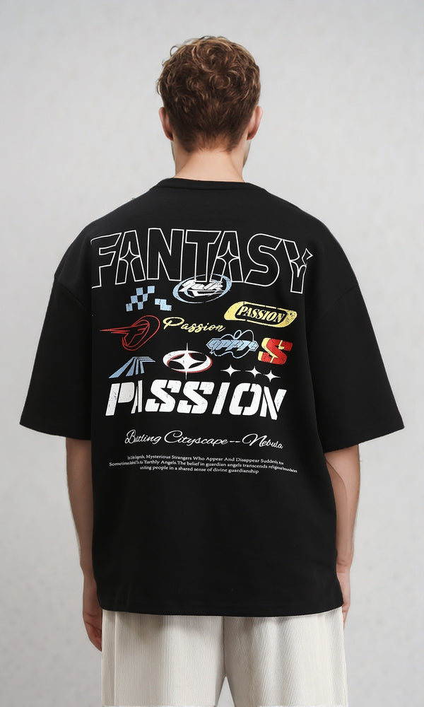 R212293 - Relaxed Printed "Passion" Slip On Tee - Black