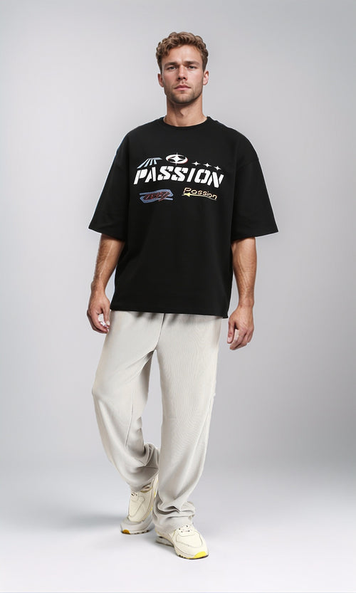 R212293 - Relaxed Printed "Passion" Slip On Tee - Black