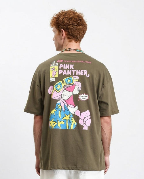 Ravin x Pink Panther | تيشيرت بقصة كبيرة وطبعة باللون الزيتوني - R212294
