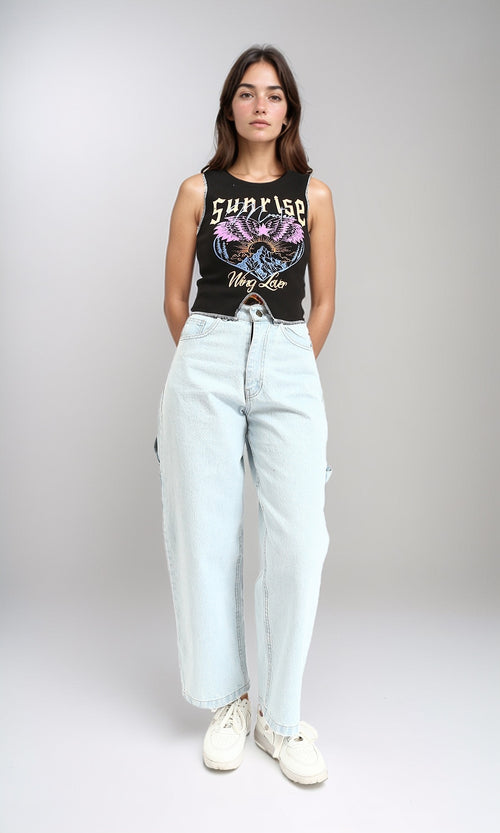 R212295 - Printed "Sunrise" Sleeveless Summer Tank Top - Black