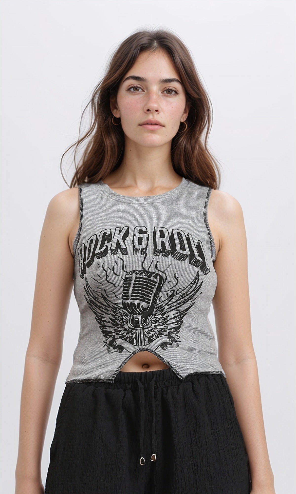Sleeveless Printed "rock & Roll" Tank Top - Grey