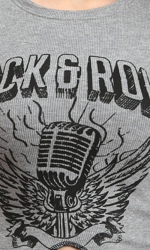 R212297 - Sleeveless Printed "Rock & Roll" Tank Top - Grey